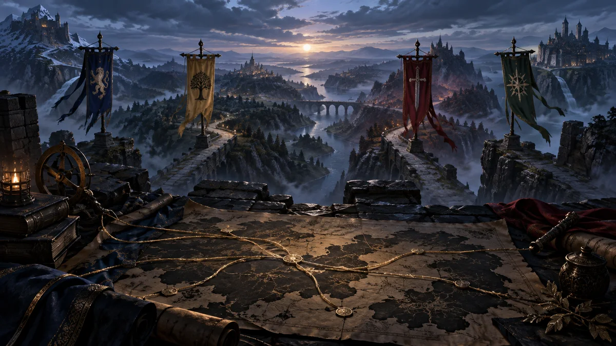 Original editorial artwork of four paths across a tactical fantasy landscape